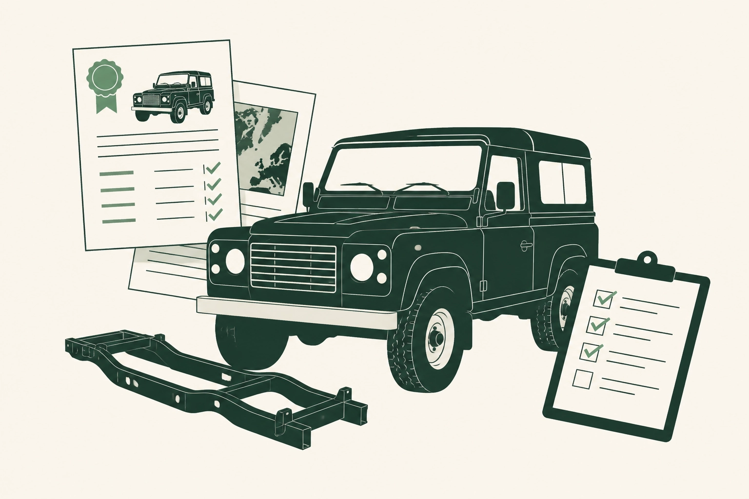 Professional header image for educational tutorial: How to Buy a Classic Land Rover Defender: Provenance, Con...
