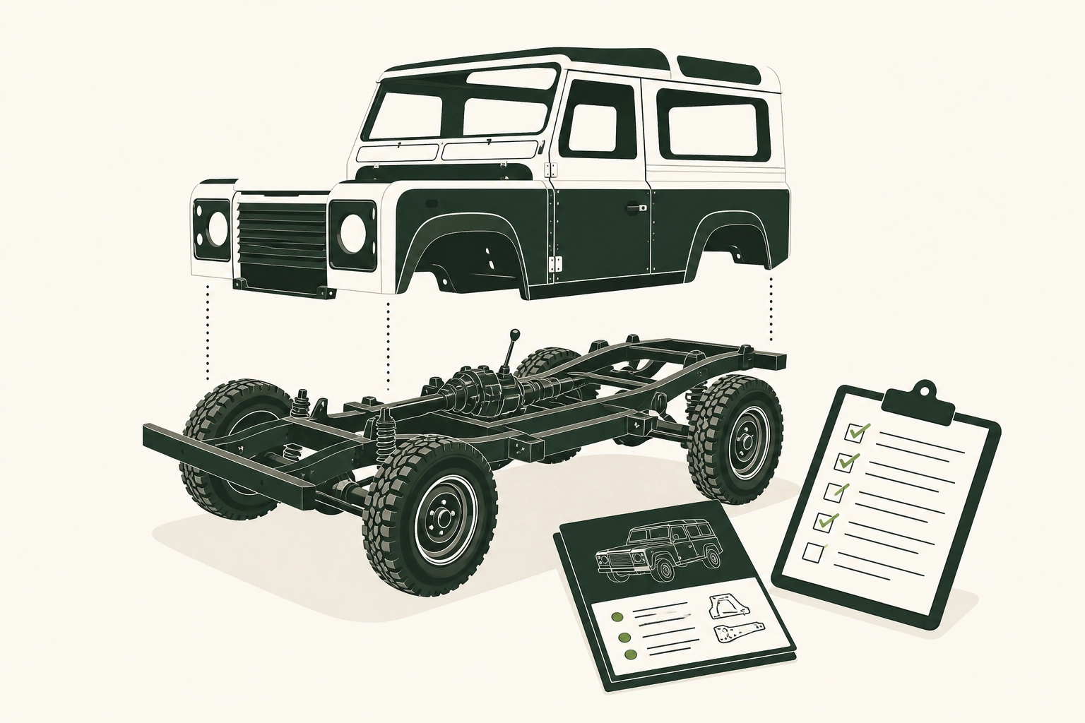 Professional header image for educational tutorial: What a Full Defender Restoration Actually Involves: Chass...